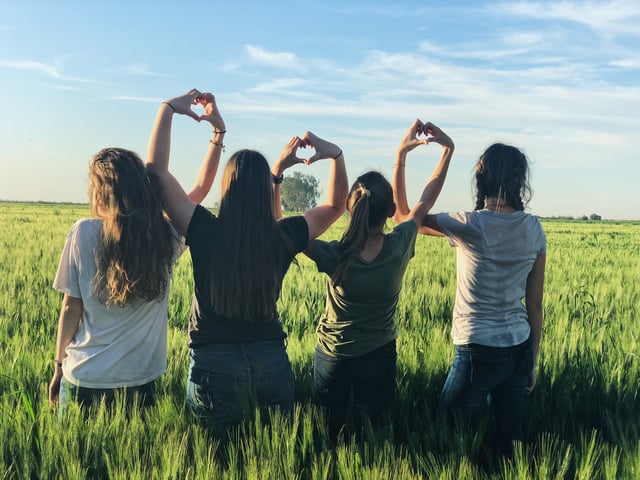 Four girls are standing in a field of high grass, facing away from the camera and looking off in the distance at a beautiful field under a clear blue sky.  They are all interlocking arms above their heads and forming their hands into hearts.