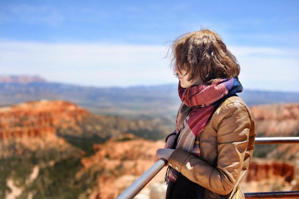 A youth in a tan jacket and a multi-colored scarf stands at the edge of a railing overlooking a canyon.